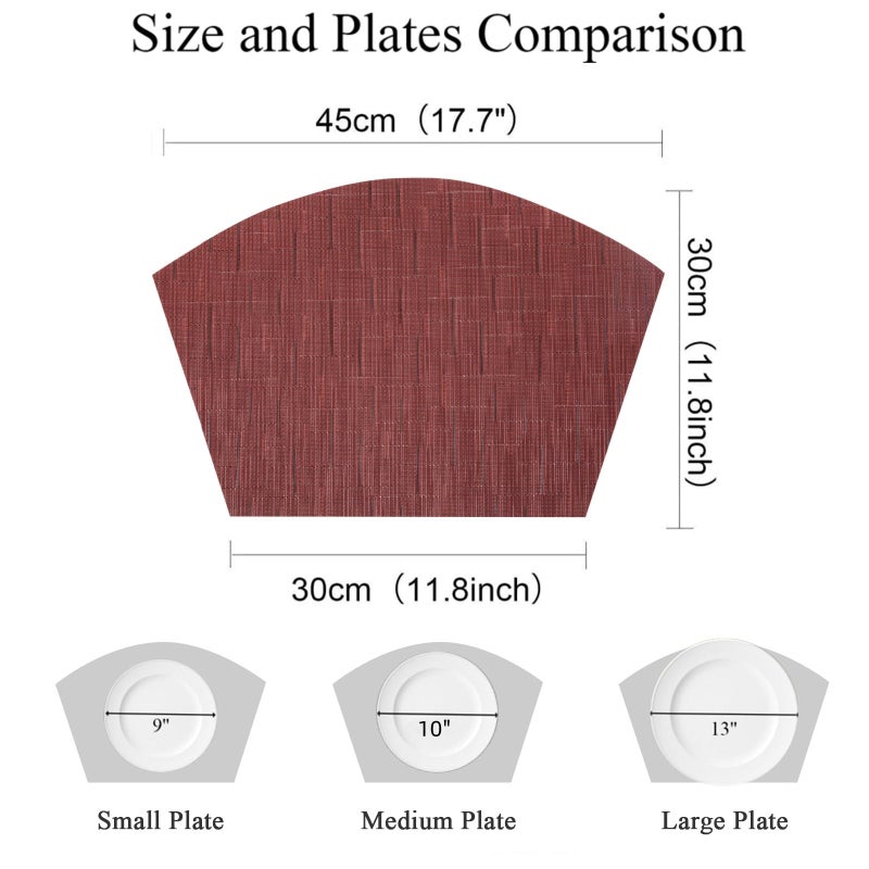 SHACOS Small Round Table Placemats Set of 4 Wedge Placemats Burgundy Red Heat Resistant Table Mats Wipe Clean (4, Burgundy Red) - Image 3